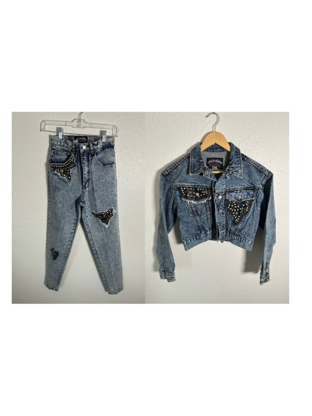Vintage Dakota Blue Denim Set Womens Small Jacket Size 7 Jeans Studded Acid Wash
